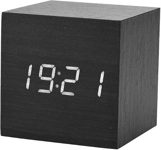 Wooden Alarm Clock, Voice Control Time Temperature Date Multi Display Clock for Bedroom Desk Travel Clock 6x6x6cm