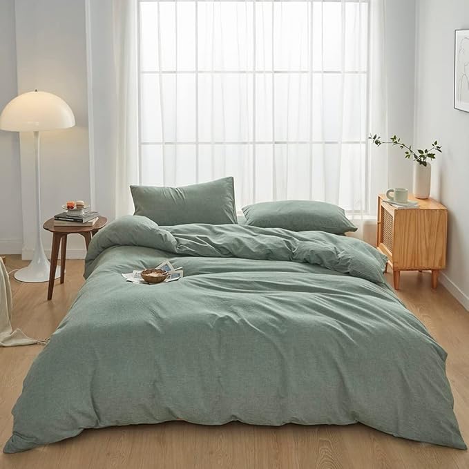 FACE TWO FACE Bedding Duvet Cover Set100% Washed Cotton Duvet Cover Linen Like Textured Breathable Durable Soft Comfy (Full, Reversible Green)