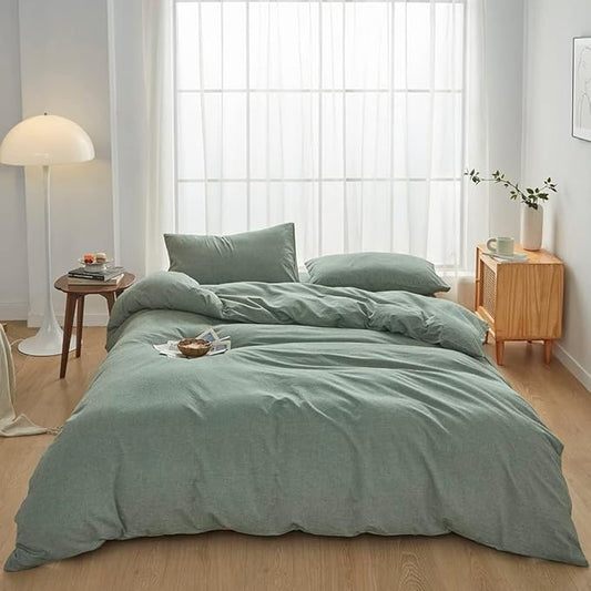 FACE TWO FACE Bedding Duvet Cover Set100% Washed Cotton Duvet Cover Linen Like Textured Breathable Durable Soft Comfy (Full, Reversible Green)