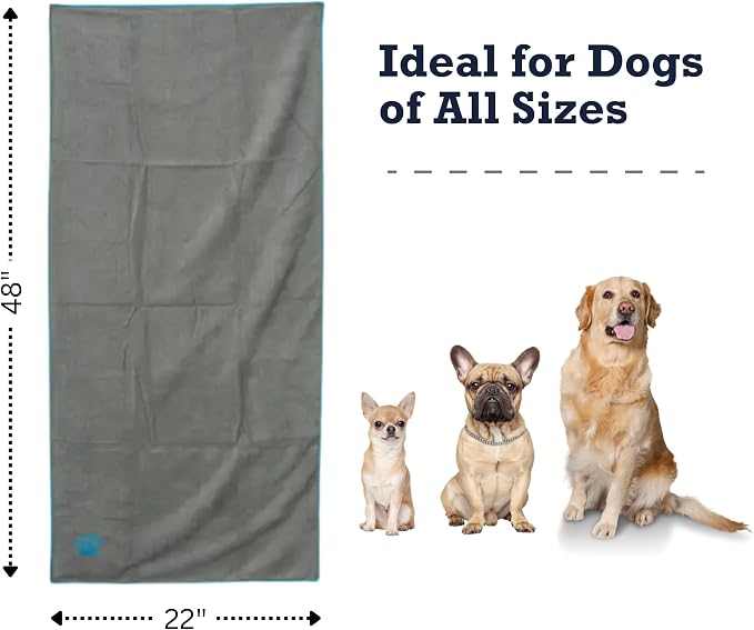 Country Living Large Gray and Teal Microfiber Dog Bath Towel - Quick-Drying, Absorbent, Durable, and Machine Washable, Embroidered Paw Print, 48" x 22" for All Dog Sizes