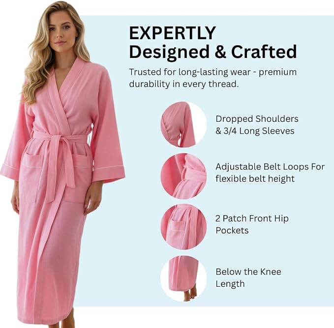 COTSILER Cotton Waffle Bathrobe for Women – Lightweight Spa Robe with Belt & Front Pockets