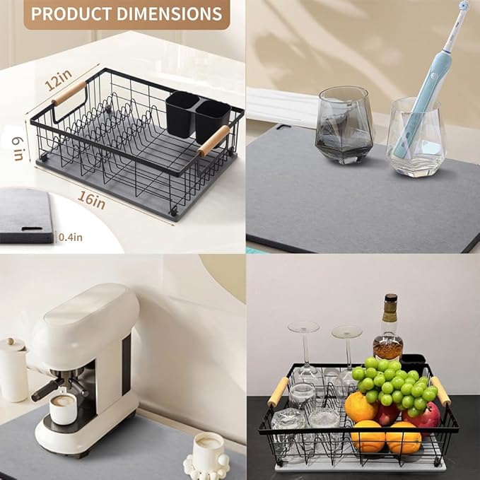 Dish Drying Rack with Stone Dish Drying Mat for Kitchen Counter, 16'' Lx 12''W Dish Drainer with Diatomaceous Earth Quick Dry Mat, Organization and Storage Essentials with Cup & Cutlery Holders