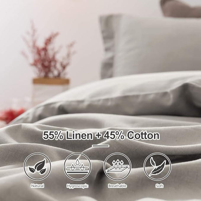 BISELINA Linen Duvet Cover Set 3pcs French Vintage Crocheted Lace Flax Cotton Blend Solid Color Shabby Chic Boho Luxury Farmhouse Bedding (Queen, Lace Grey)