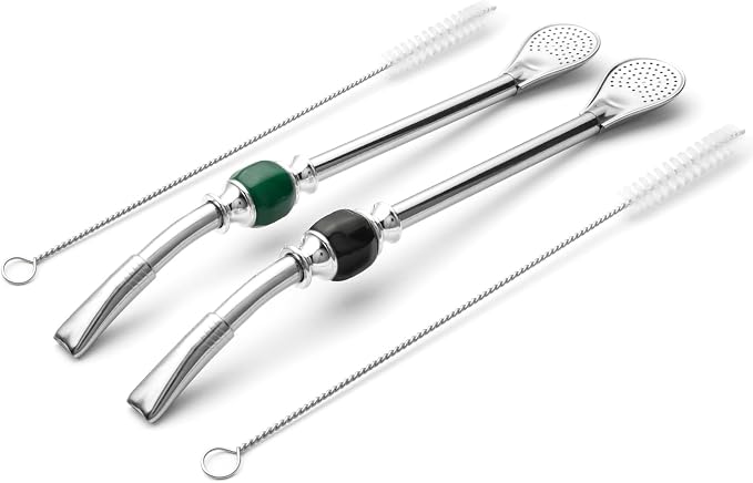 CUOPRU Yerba Mate Bombillas Set - Included Mate Gourd Stainless Steel Straws with Straw Case, Removable Head Filter, Colorful Bead, Cleaning Brush (Black and Green)