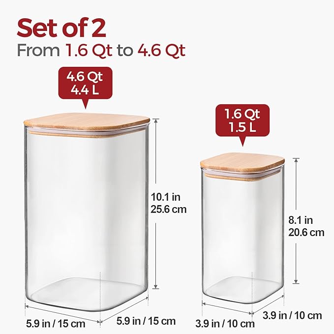 Glass Flour Sugar Storage Containers with Bamboo Lids & Measuring Scoop (1.6Qt/4.6Qt) - Wide Mouth Pantry Storage Containers for Kitchen Counter, Pantry Organization & Baking Essentials 2 pack