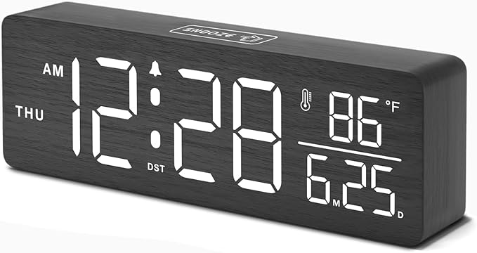 DreamSky Wooden Digital Alarm Clocks for Bedrooms – Large Display Desk Clock with Date & Day of Week for Living Room, Temperature, Dimmer, Adjustable Volume, Auto DST, Office Wood Décor (Plug-in)