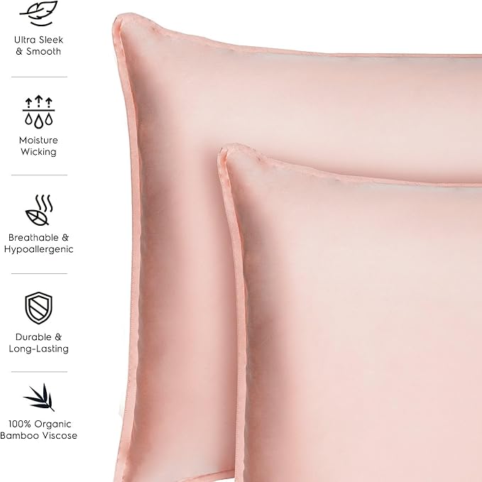 Tafts Pillow Cases Queen Size - Pure 100% Viscose Derived from Bamboo Luxuriously Soft, Silky, Cooling, Double Stitched, Envelope Closure (2 Pillowcases, Pale Blush)