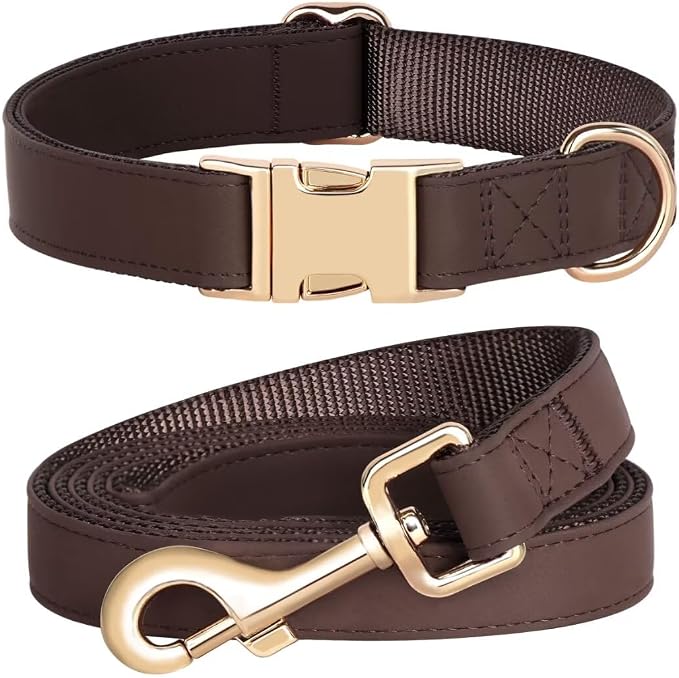 PET ARTIST Soft PU Leather Dog Collar and Leash Set, Bright & Stylish 5FT PU Leather Leash and Collar Set, Durable Pet Collars with Quick Release Metal Buckle for Medium Dogs,Brown,M(13-19")