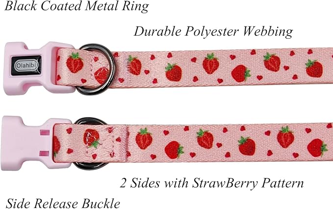 Dog Collar Leash Set, Fruit Pattern, Polyester Material, Adjustable Collar and 5ft Matching Leash, for Puppy Dogs.(XS, Strawberry)