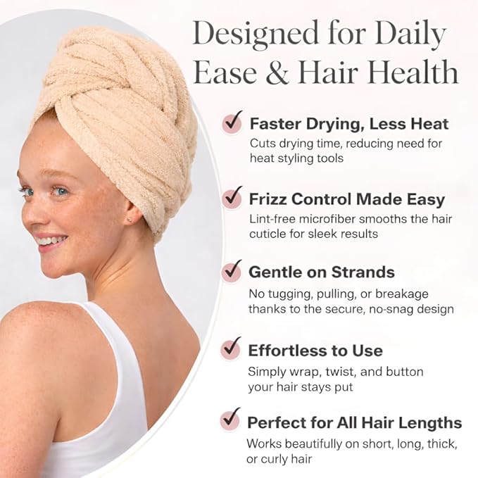 Luxury Microfiber Hair Towel Wrap for Women - Quick Dry, Super Absorbent Hair Turban, Soft & Lightweight Anti-Frizz Towel for Long, Thick & Curly Hair (Nude, 48" × 24")