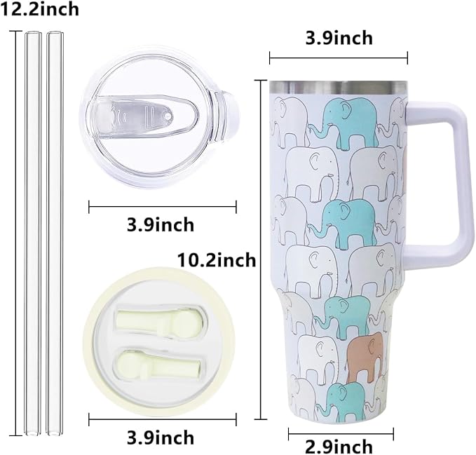SYACOT 40 oz Tumbler with Handle and Straw Stainless Steel Insulated Tumbler Leak Proof Lid and Straw Lid Reusable Travel Mug Coffee Mug Cup Dishwasher Safe Keep Drinks Cold and Hot (LittleElephant)