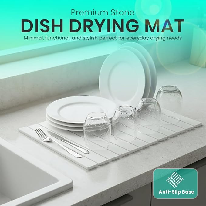 Premium Stone Dish Drying Mat – Large Foldable Kitchen Counter Mat, Super Absorbent Diatomaceous Earth with Coasters, Brush & Anti-Slip Pad – Fast Drying, White