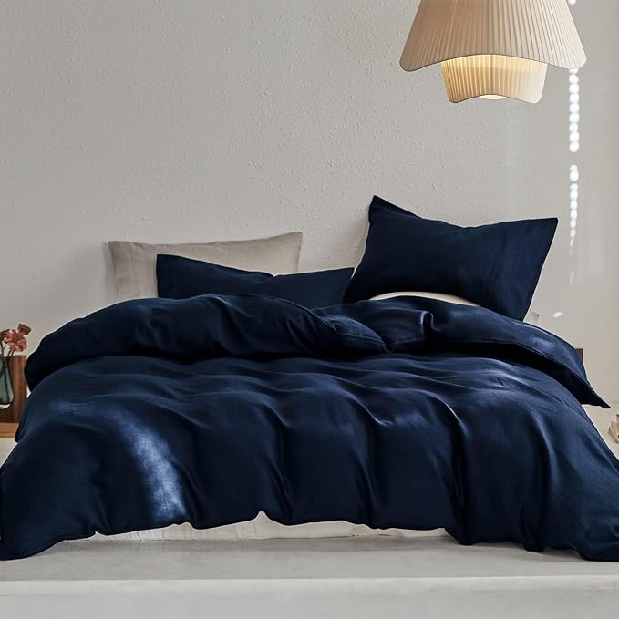TOSMO Linen Duvet Cover Set, 100% French Flax Natural Linen Bedding 3pcs Set, Soft Breathable for Hot Sleepers 1 Duvet Cover and 2 Pillowcases (Navy, Queen)
