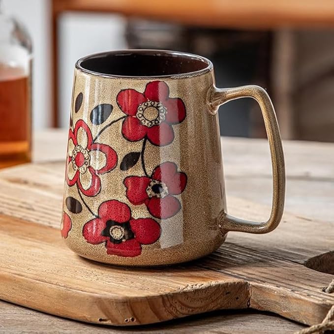 Large 24 oz Ceramic Coffee Mug with Handle, Vintage Coffee Cup, Extra Big Tea Cup for Office and Home, Dishwasher and Microwave Safe, Khaki with Red Flower,Perfect for Home and Work Gifts