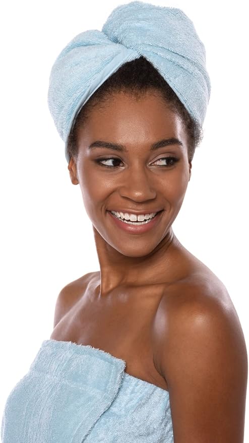 TexereSilk Women's Rayon and Cotton Terry Hair Towel - Absorbent and Fast Drying for All Hair Types - Comfortable Hair Cap with Loop and Twist Closure (Tya, Robin's Egg, U)