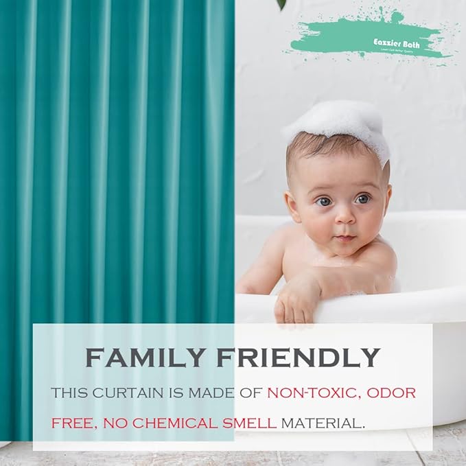 Teal Plastic Shower Curtain Or Liner, 72x72 Inch Lightweight Blue Green Coral Plastic Bathroom Shower Showroom Inner Curtain with Rustproof Metal Grommet Holes and Weighted Magnets