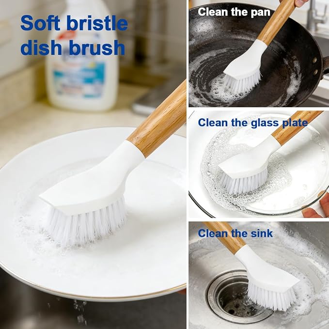 CELOX 2 Pack Bamboo Dish Brush with Handle Kitchen Scrub Brush, Dish Scrubber - Perfect for Dish Washing, Vegetable, Grill Cleaning