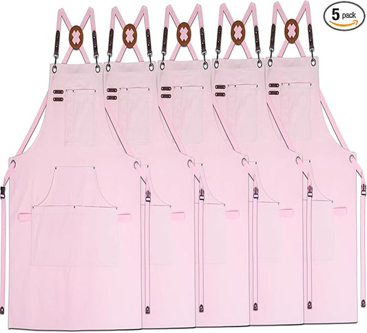 5 Pack Kitchen Apron, Work Apron, Canvas, Multiple Pockets, Gardening, Painting, BBQ, Artist, Carpenter, Sizes M to XXL, Pink
