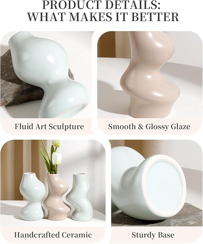 BosilunLife Decorative Vase Set of 3, Nested Interlocking Recycled Ceramic, Smooth Glossy Pastel Modern Decor, Sage Green & Khaki Centerpiece for Bookshelf