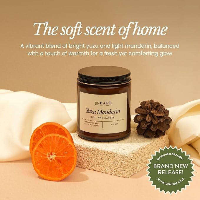 Bare Botanics 9oz Non Toxic Soy Candle Yuzu Mandarin - 40+ Hour Burn | 100% Plant-Based Fragrance Oils | Handpoured in Wisconsin | Clean-Burning Soy Wax