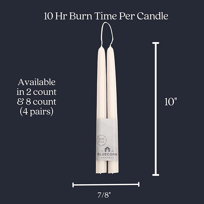 Bluecorn Beeswax Taper Candles, 100% Pure Natural Bees Wax, Pair of 10 Inch Ivory White Tapered Candlesticks, Clean Burning & Dripless, Fragrance Free, Long Lasting, Home Decor, American Made, 1 Count