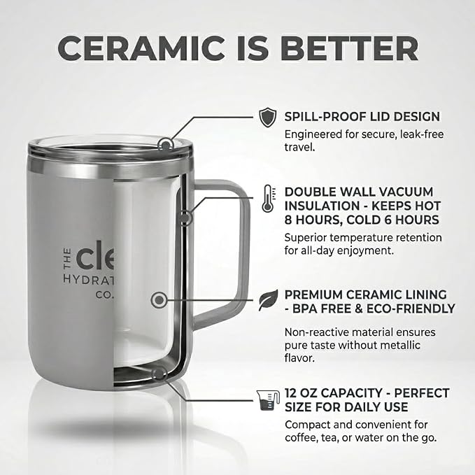 Coffee Mug Travel Mug Insulated 12 Oz | Ceramic Lined Travel Cup with Lid | Reusable Office Mug Double Wall Vacuum Eco-Friendly BPA-Free (Aqua) (Gray)