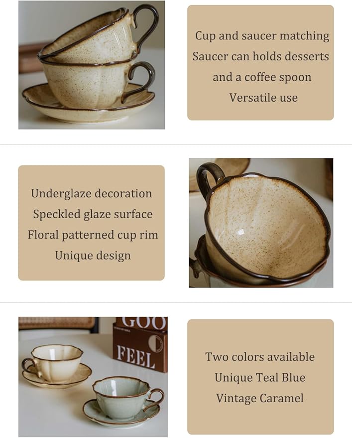 Ceramic Coffee Cup and Saucer Set – 10oz Kiln-Glazed Teacup with Saucer, Handmade Ceramic Mug Set for Coffee, Tea, Cappuccino, or Latte