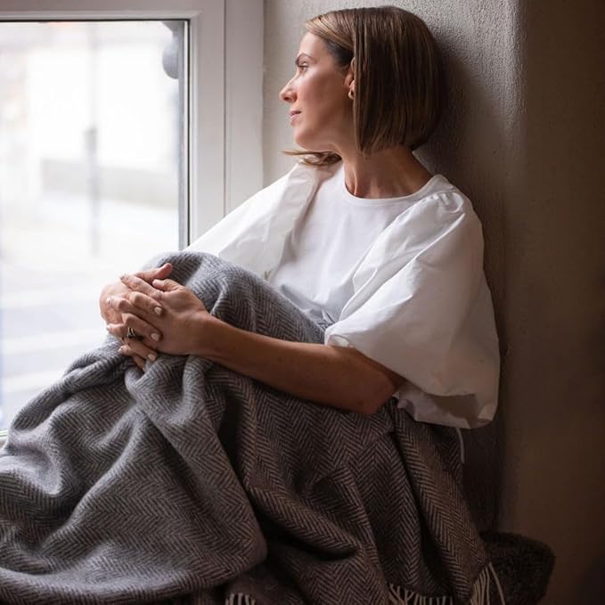 Biddy Murphy Irish Merino and Cashmere Wool Throw Blanket, Made in Ireland, Heirloom Quality, 54" x 71", Grey Herringbone Pattern
