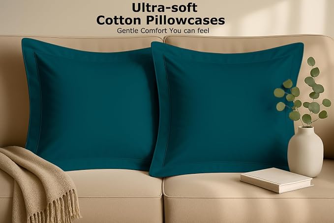 2 Pack Euro Pillow Shams 22x22 – 600 Thread Count 100% Organic Cotton Teal Square Pillow Covers with 2 Inch Flange, Soft & Smooth Premium Hotel-Quality Pillowcases Set of 2