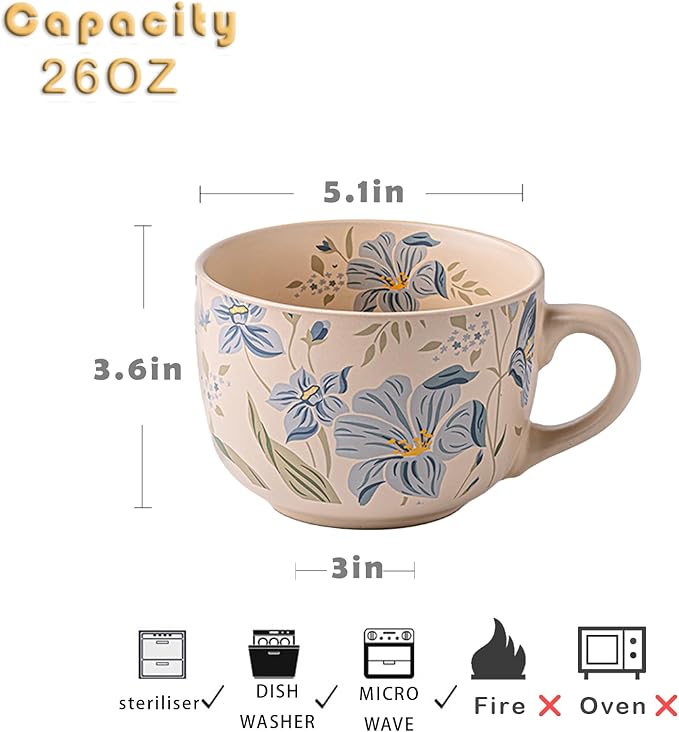 Ceramic Mugs for Men & Women, Unique Microwave & Dishwasher Safe Tea/Coffee Rustic Stoneware Cups for Office & Home (Orchid Breakfast Mug)