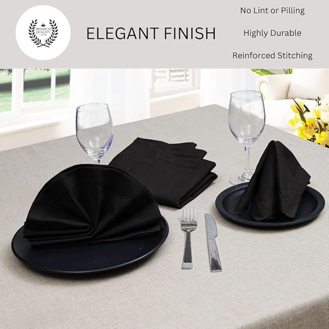 Hemstitch Cloth Dinner Napkins 100% Cotton Set of 12 - for Dining Special Occasions Weddings Parties Holidays Easter - Soft Durable Reusable - 18x18 Inch Table Cloth Napkins Black
