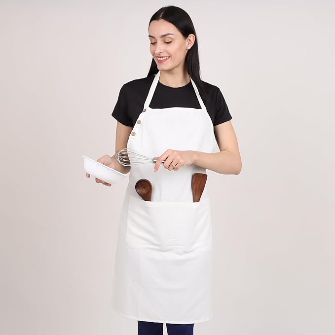Cotton Kitchen Apron, White, 33 Inches Long, 2 Pockets, Adjustable, Machine Washable