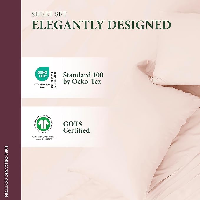 100% Organic Cotton Sheets Full Size - 4 PC Organic Cotton Full Size Percale Weave Sheet Set, Soft, Cooling, Crisp & Breathable, 16" Deep Pocket Hotel Quality Bedding Set - Blush