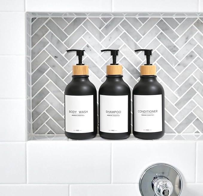 Frosted Plastic Shampoo and Conditioner Bottles, Apothecary Dispenser Bamboo Pump, Refillable Bottles for Shower Lotion, Oil, Hand Soap, Sanitizer, Liquid Soap, Set of 3 with 9 Labels (6, Matte Black)