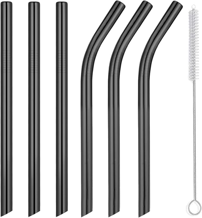 Vinaco Smoothie Straws Reusable & Milkshake Straws 0.5" Diam Wide Mouth Straw, Set of 6 Stainless Steel Straws 10.5" & 8.5" with 1 Long Straw Cleaner Brush，Black Metal Straws for Jumbo Thick Drinks