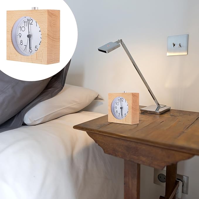 Luxshiny Wood Tabletop Alarm Clock Square Natural Wood Desktop Clock with Digital Display for Office and Household Use