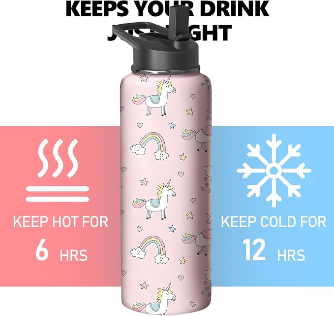 40oz Pink Unicorn Water Bottle with Handle and Flip Straw, Animal Sports Stainless Steel Insulated Cup Travel Coffee Mug Tumbler, Birthday Mothers Day Chritmas Gifts for Women