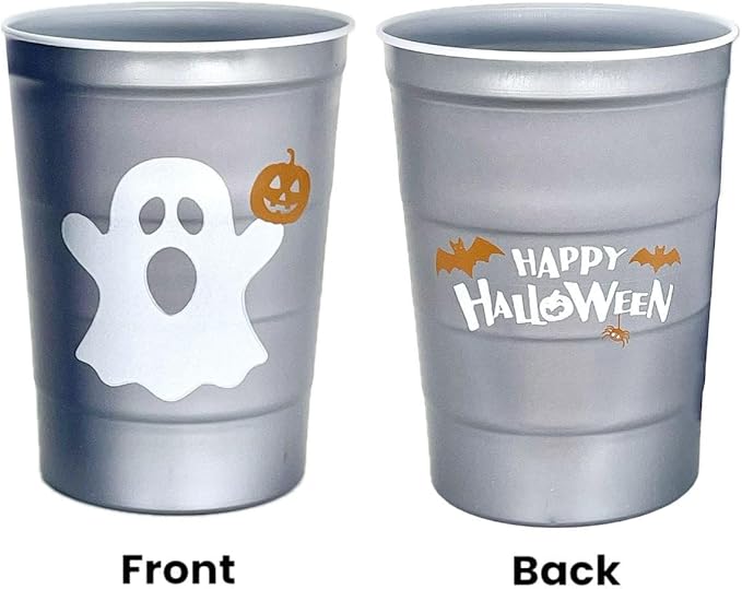 Steel Chill Cups 16 oz. Party Cups 'Happy Halloween' Ghost Design for Cold Drinks, Durable, Disposable, Recyclable, Made in USA, Gray, 12 Count