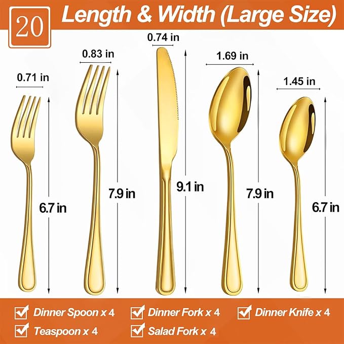 20 Pcs Gold Silverware Set for 4, Food Grade Stainless Steel Flatware Set, Eating Utensils Sets Include Fork/Knife/Spoon, Reusable Cutlery Set for Home Kitchen, Dishwasher Safe, Double-stripe