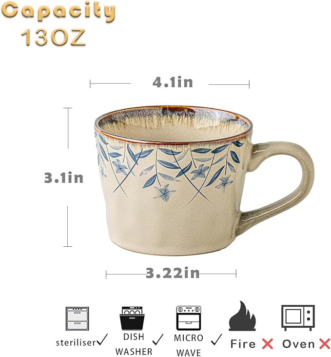 Ceramic Mugs for Men & Women, Unique Microwave & Dishwasher Safe Tea/Coffee Rustic Stoneware Cups for Office & Home (Platycodon flower)