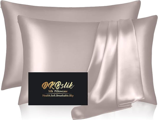 Silk Pillow Cases 2 Pack, Mulberry Silk Pillowcases Standard Set of 2, Smooth, Anti Acne, Both Sides Natural Silk Satin Pillow Cases for Sleeping Women 2 Pack with Zipper, Taupe