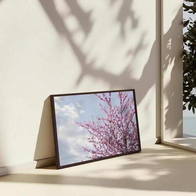 Monem Art Cherry Blossom Spring Sky Photography Print - Floral Nature Art Poster - Wall Decor for Living Room, Bedroom or Office - 12x16 Brown Framed CANVAS Wall Art by Mareike Bohmer