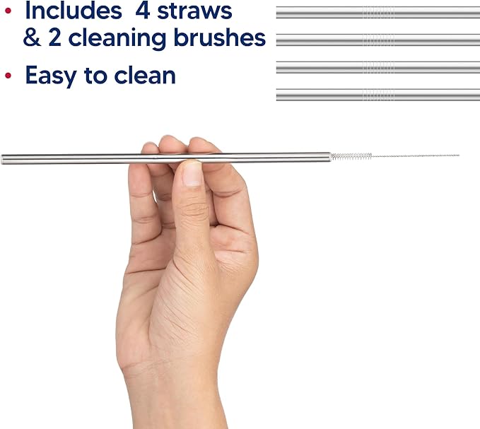 HIC Kitchen Reusable Tumbler Drinking Straws, Set of 4 with 2 Cleaning Brushes, 18/8 Stainless Steel