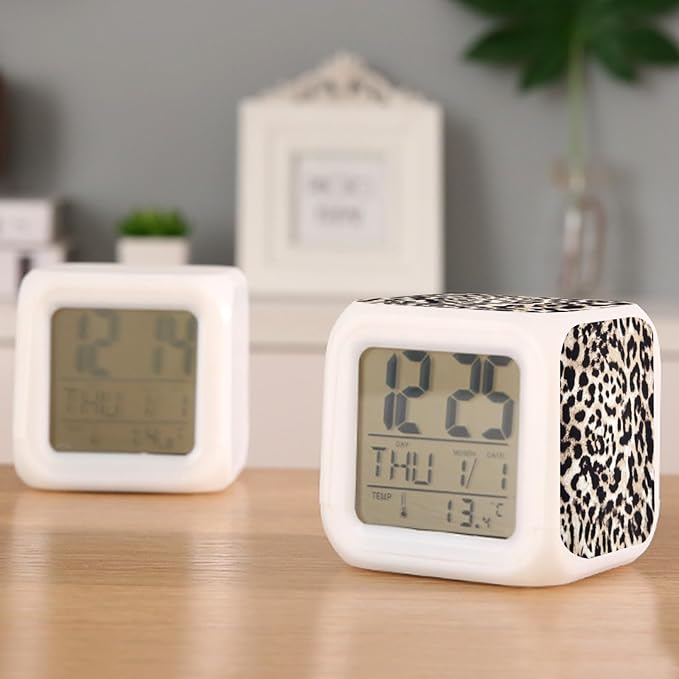 Digital Alarm Clock,Leopard Texture 7 Color Change LED Digital Alarm Clock with Date Thermometer for Toddlers,Girls and Boys