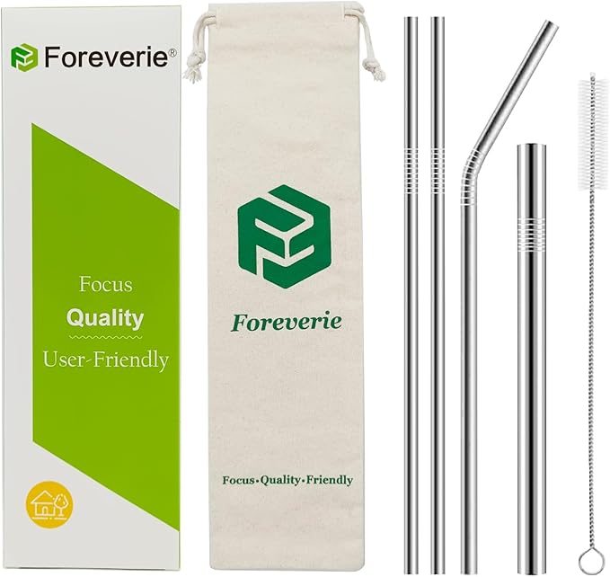 Metal Stainless Steel Drinking Straws Reusable for 20 to 30 OZ Tumbler, Set of 6 Incl. 2 Straight 1 Bent & 1 Jumbo Smoothie Straws with 1 Cleaning Brush & 1 Branded Sturdy Canvas Bag