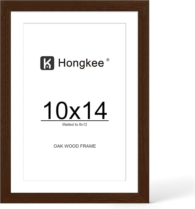 Hongkee 10x14 Oak Wood Picture Frame 1 Pack(Matted 8x12), Real Glass Cover | Walnut, 10 x 14 Solid Wood Frame for Wall or Tabletop Display - Includes Easel Back, Vertical Hang - Ideal for Home, Office
