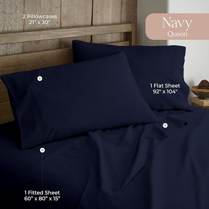 100% Organic Flannel Sheets Queen Size - GOTS Certified 100% Cotton Flannel Sheets Set with Comfortable Soft Brushed Finish & Deep Pocket - 1 Flat 1 Fitted & 2 Pillowcases (Navy, Queen)