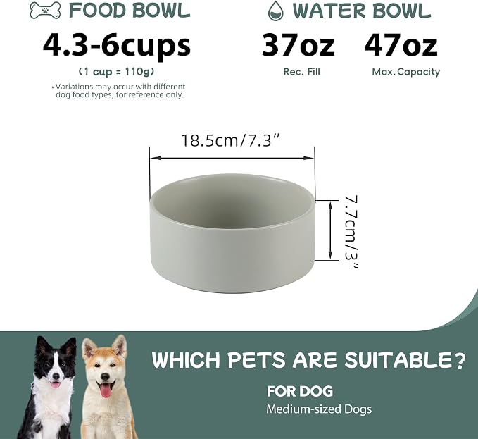 Havniva 7.3” Ceramic Dog Bowls, Dog Food and Water Bowl for Medium Dogs, Durable Dog Water Bowl with Non-Slip Rubber Base Large Capacity Pet Feeding Bowl