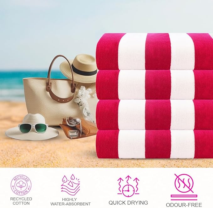 CASA COPENHAGEN Cabana Towel 4Pcs Rosy Designer Stripe Beach Towels Gift Set, 30"x60" Oversized 100% Cotton Pool Bath Towel for Beach Gift Set (Perfect Summer Gift Set for Women & Men)