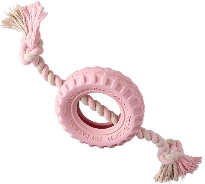 Pet Passion Natural Rubber Tire and Organic Cotton Rope Pull and Chew Dog Toy for All Pet Breeds, Blush, Medium